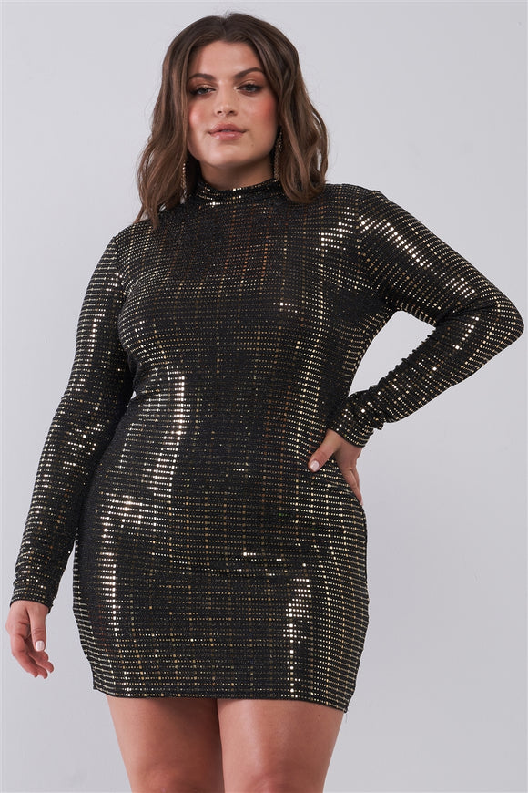 Plus Size Black Gold Sequin Mesh Long Sleeve Mock Neck Slit Back Detail Relaxed Mini Dress