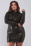 Plus Size Black Gold Sequin Mesh Long Sleeve Mock Neck Slit Back Detail Relaxed Mini Dress