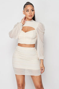 Sexy Sheer Cutout Puff Sleeved Top And Skirt Set