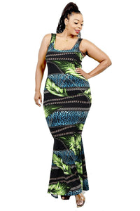 Plus Leaf & Chain Print Bodycon Maxi Dress