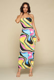 Multicolor Bodycon Maxi Dress, Clear Spaghetti Straps, Ruched Detail