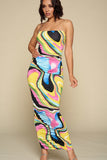 Multicolor Bodycon Maxi Dress, Clear Spaghetti Straps, Ruched Detail