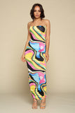 Multicolor Bodycon Maxi Dress, Clear Spaghetti Straps, Ruched Detail