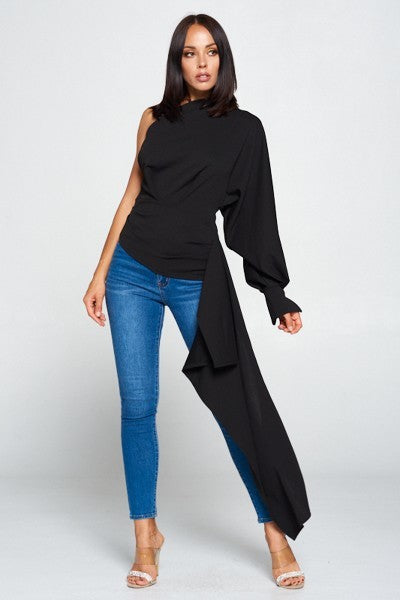 Solid Color One Shoulder Off Top, Long Sleeve