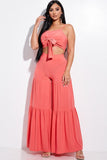 Solid Tie Front Spaghetti Strap Tank Top And Tiered Wide Leg Pants Two Piece Set