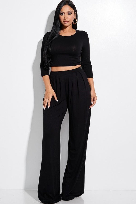 Solid 3/4 Sleeve Top And Wide Leg Pleated Pants Two Piece Set